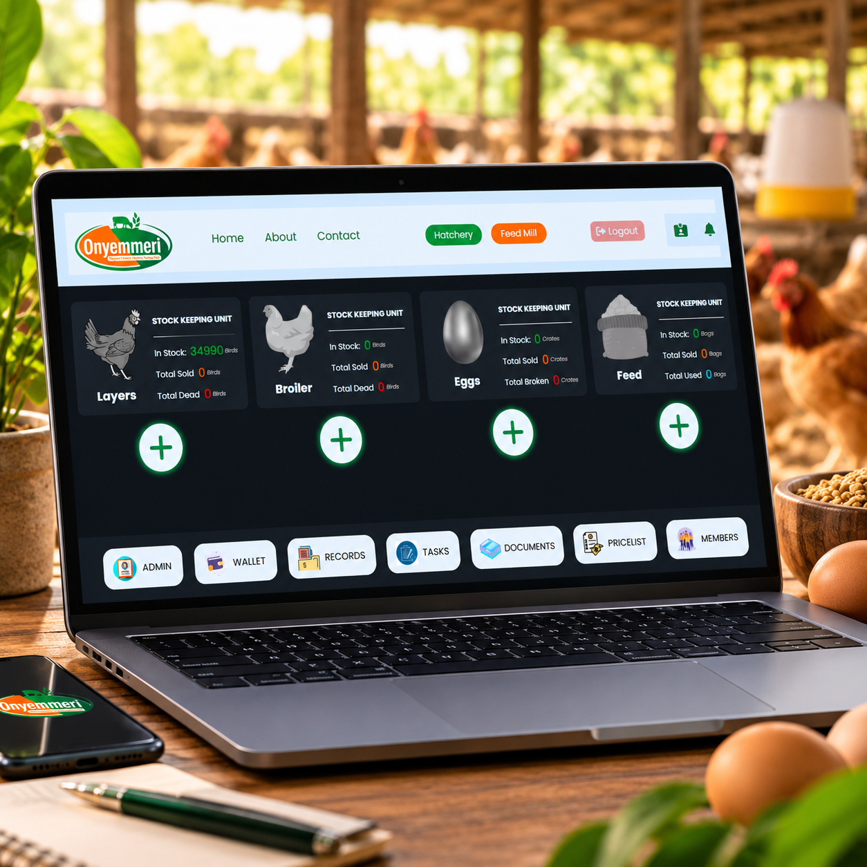 Onyemmeri Organic Farms poultry management web application displayed on a laptop, showing live stock summaries for layers, broilers, eggs, and feed alongside farm administration tools.