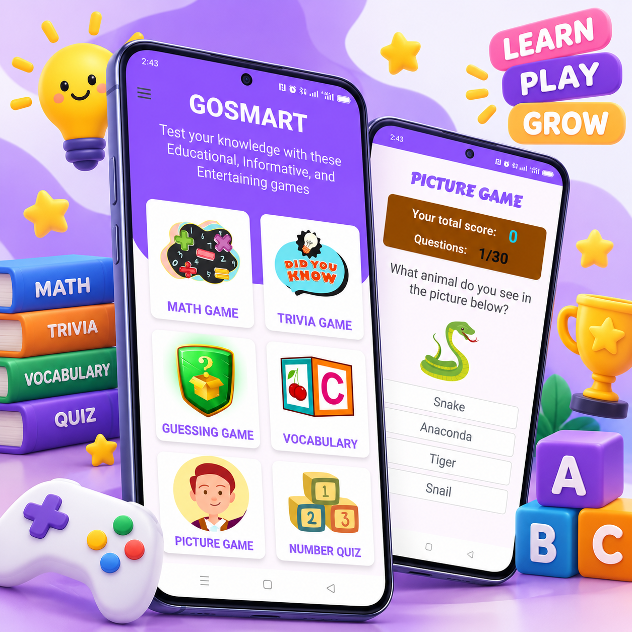 GOSMART educational Android app displayed on two smartphones, showing six learning games and an interactive picture quiz with multiple-choice answers.