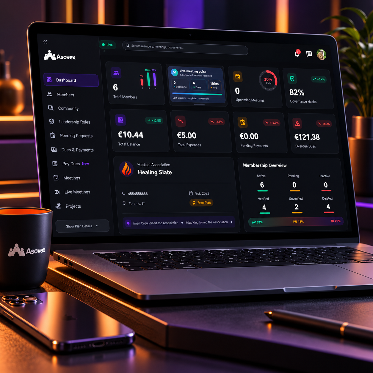 Asovex association management platform displayed on a laptop, featuring a dark administrative dashboard for membership, governance, meetings, and financial oversight.