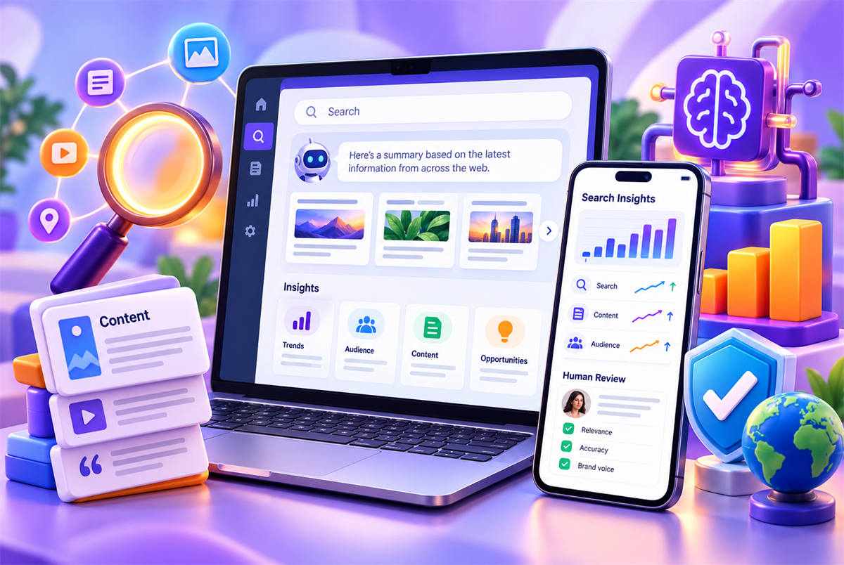 Laptop and smartphone displaying search insights, content, and website analytics in a modern AI workspace