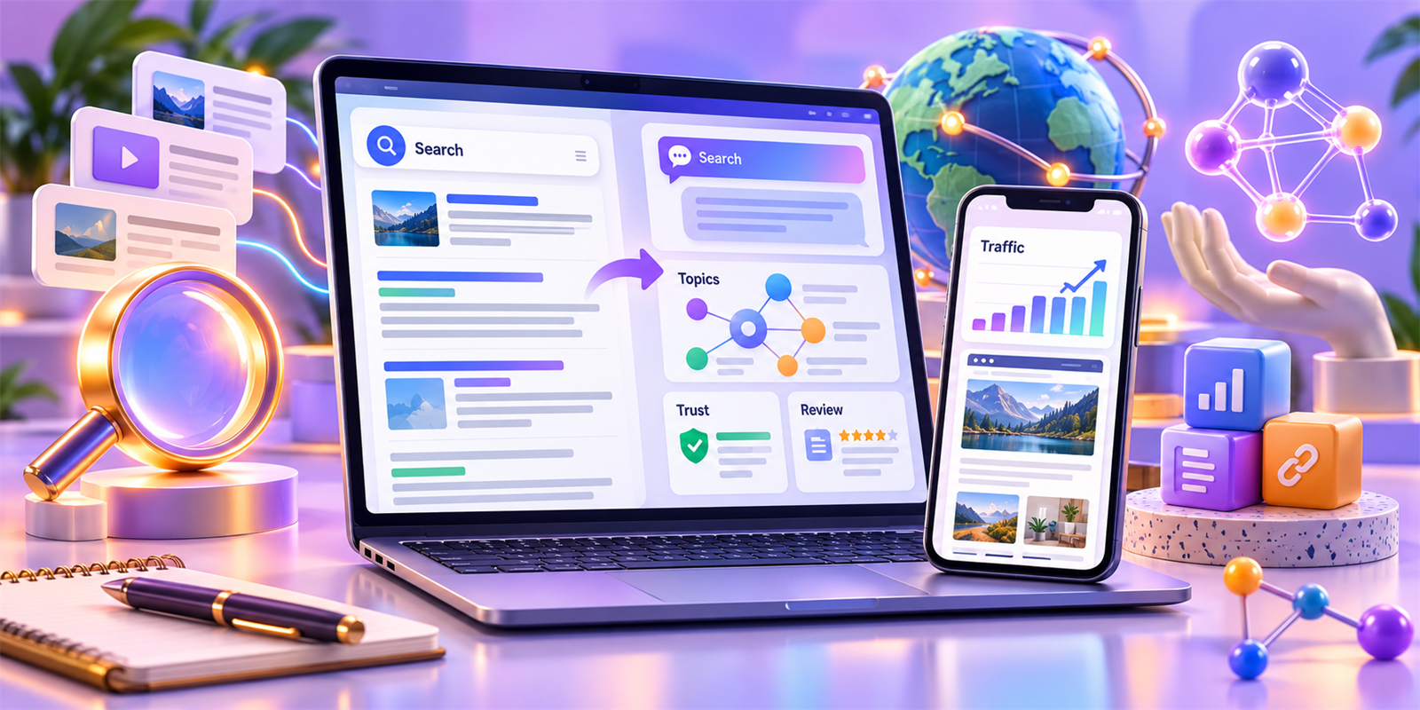 A realistic digital workspace showing AI-assisted search, website content, and SEO analytics