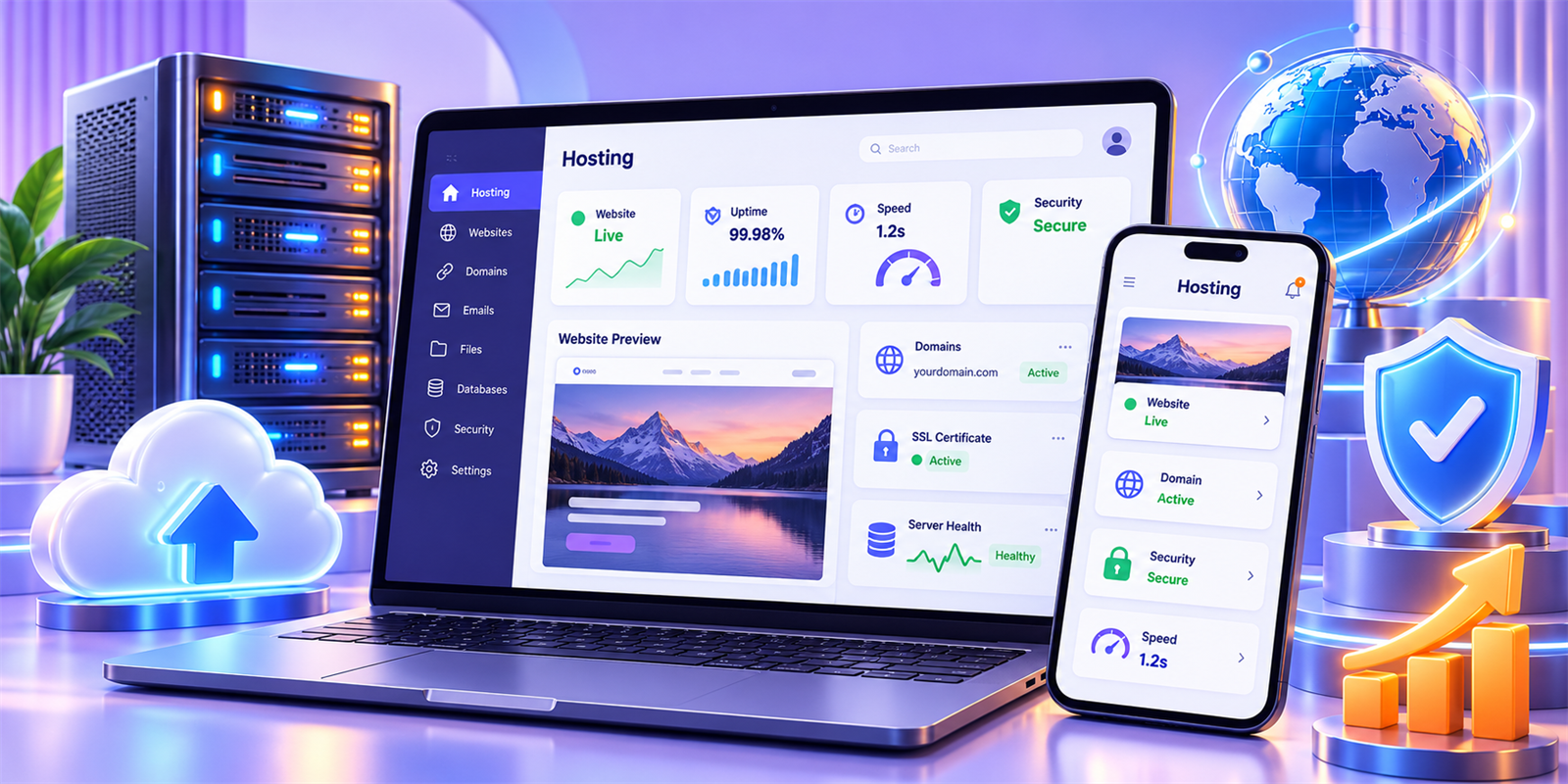 A modern website and hosting dashboard representing reliable web hosting