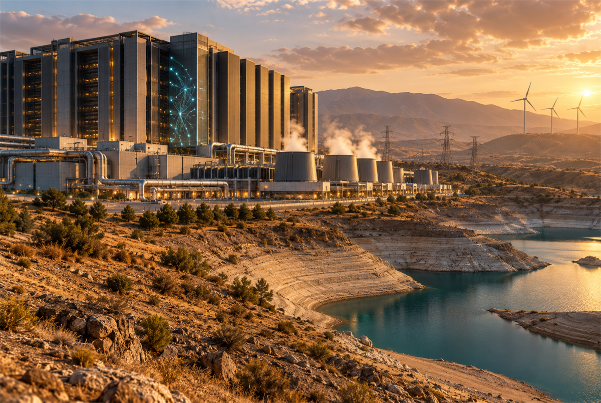Industrial data center, power infrastructure, cooling pipes, and discarded electronics representing AI's environmental cost