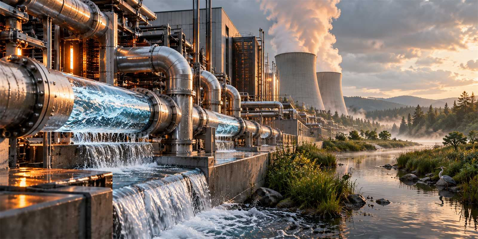 A realistic environmental editorial scene showing AI data centers, electricity demand, water cooling, and electronic waste